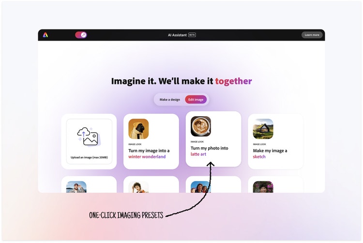 A screenshot of the landing page for Express AI Assistant with sample imaging presets like "Turn my image into a winter wonderland," "Turn my photo into latte art," and "Make my image a sketch." A hand-written caption at the bottom reads "One-click imaging presets."