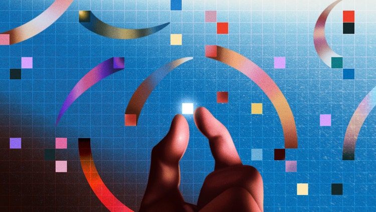 A digital illustration of two fingers holding a single glowing white pixel against a blue-to-white gradient background with a grid of white lines over it. Multi-colored pixels are randomly strewn across it, some of them appearing to change location.