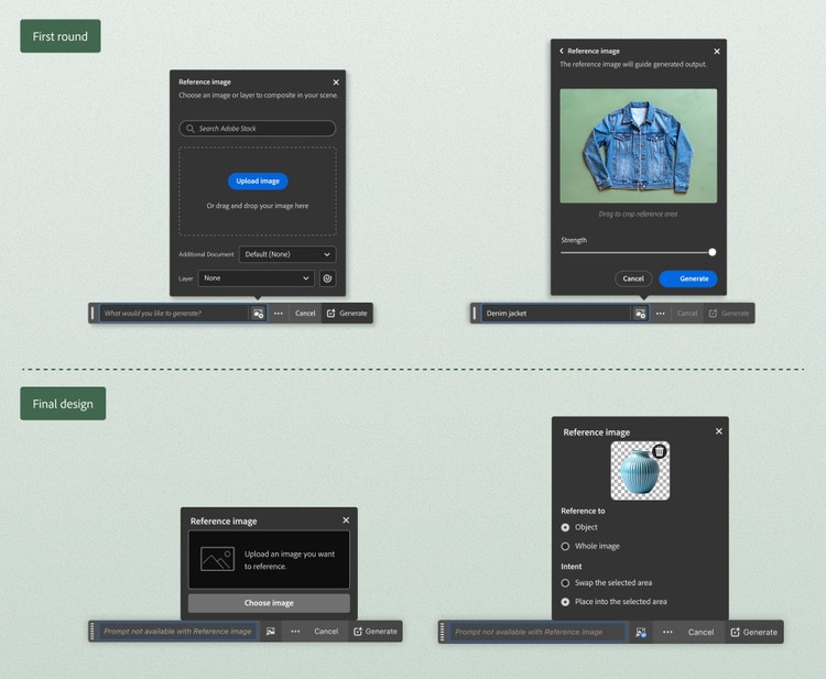 Two stacked images labeled First round (top) and Final Design. Each image has two sets of panels showing different stages of a design workflow. The "First round" image includes reference image dialogs for uploading and selecting a denim jacket. The "Final design" image shows updated reference image dialogs, one with an upload option and another displaying a spherical object with transparency.