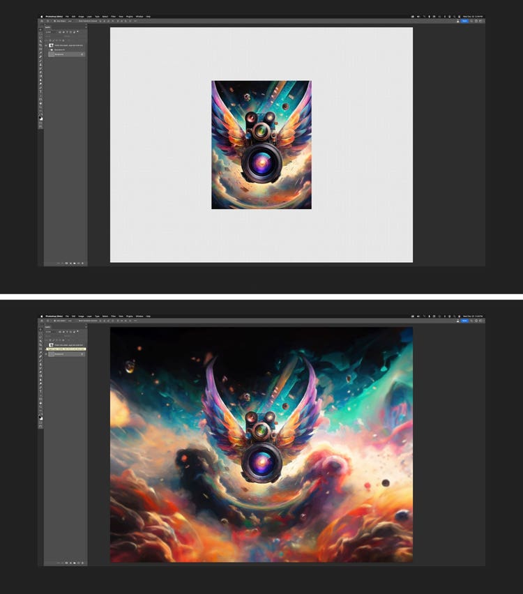 Two screenshots of Adobe Photoshop artboards. Top: A generative AI illustration of a camera with rainbow-colored wings and multiple lenses (it's largest focused on the viewer) hovering against a turquoise and cloud-filled background is centered against a large white background. Bottom: The same generative AI illustration but with the background filled in with explosions of color and texture to create a story beyond the boundaries of the original art.