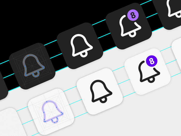 A digital illustration of six bell app icons placed diagonally on a diagonally split half-black-half-white background with teal lines. The icons are a mix of white lines on black backgrounds, black lines on white backgrounds, and purple lines on white backgrounds.