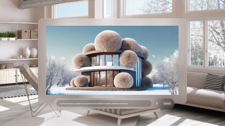 An image of a computer screen superimposed over the center of a well-lit, light-colored living room with multiple windows, bookshelves and comfortable seating. On the computer screen is a AI-generated photograph of a mid-century modern building covered in what appears to be bunny tails in the center of a snow-filled clearing. Beneath it, is a prompt bar with the prompt, "A surreal mid-century modern house constructed of 3D fluffy fur spheres, detailed, architectural."