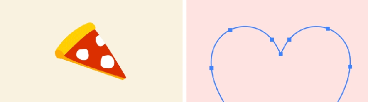 On the left is a GIF of a slice of pizza. A cursor clicks and drags on the tip of it so it appears to be melting. On the right is a GIF of a blue heart outline being filled with the word "love" in multiple languages.
