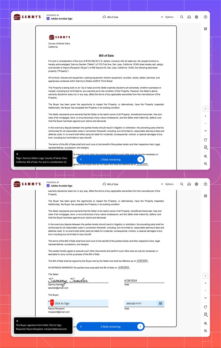 Two screenshots of an open document in Adobe Acrobat on a purple-to-orange gradient background with a white-lined grid. Both documents have a black rectangle in the bottom left corner that show the content of screen reader output. For the top document it's "Page 1 Sammy Sliders Logo. County of Santa Clara California. Bill of Sale. For and in consideration of..." And for the bottom document it's "The Buyer signature-form-field. Click to Sign Required. Rayna Recipient. rrecipient@email.com."