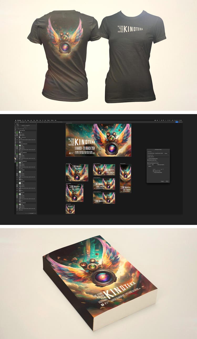 Three product mockups all using the same words ("The 22nd Film Festival Kinoteka") and a generative AI illustration of a camera with rainbow-colored wings and multiple lenses (it's largest focused on the viewer) hovering against a turquoise and cloud-filled background. Top: The illustration on the front of a T-shirt with the words on the back. Middle: A screenshot of a Photoshop artboard with mockups of web advertising in a variety of formats and word placements. Bottom: The illustration on the cover of a paperback catalog.
