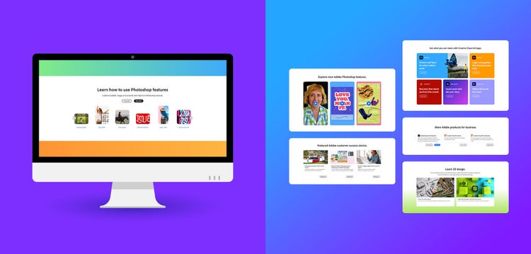 Two images side-by-side. On the left on a purple background, a computer monitor displays the text “Learn how to use Photoshop features” and six icons for various Adobe Photoshop tutorials. On the right, on a blue-to-purple gradient background, are five smaller images that highlight Photoshop features, tutorials, and products focused on business and 3D design.