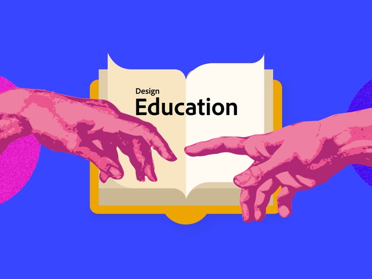 On a royal blue background, a book with a yellow cover lays open and the index fingers from two hands, on the left from inside a pink circle and on the right from inside a purple circle, point to pages titled Design Education.