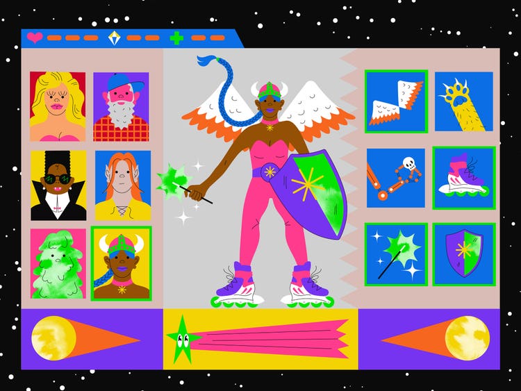 A colorful illustration of an avatar wearing wings and a viking helmet holding a shield with one hand and a wand with the other against a backdrop of a star-fllled web browser. To the left of the avatar are optional characters and to the right are various game props.