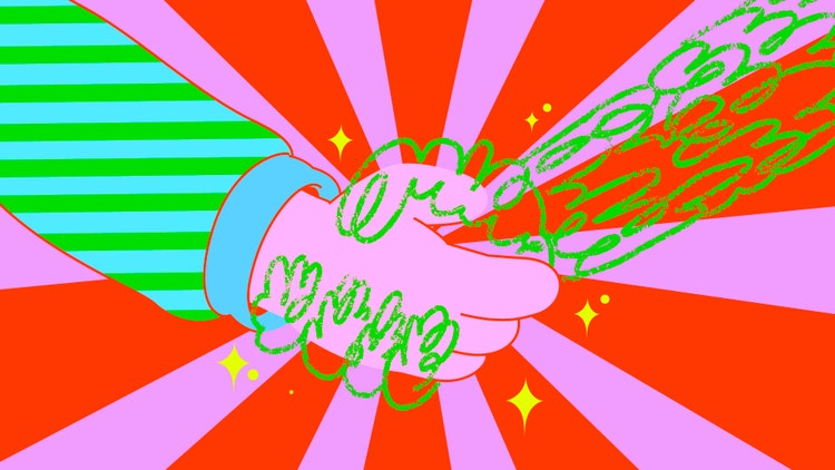 A green- and teal-striped shirt sleeve reaches in from the left edge of the illustration, to shake a cluster of stylized green scribbles in the shape of a hand.