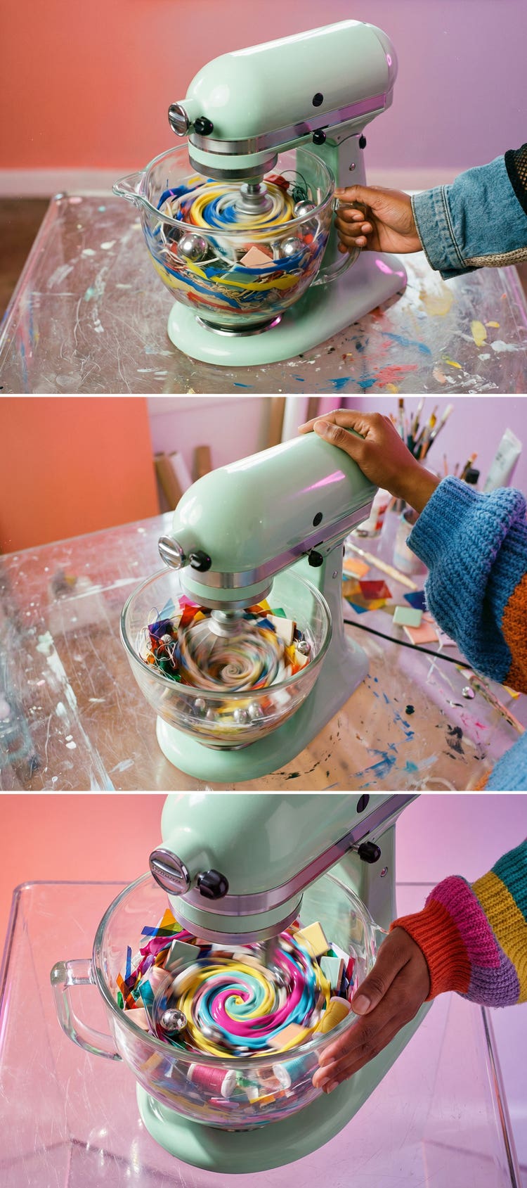 Three images stacked. Each shows a moderately different version of a mint-green stand mixer, on a paint-splattered table, blending vivid pink, blue, yellow, and green art materials. A hand reaches in from the edge of the frame to steady the bowl or the mixer as the contents swirl into a multicolored batter.