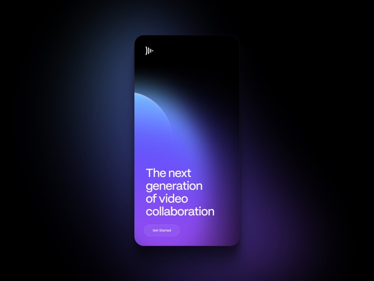 An iPhone on a black background. On the screen are the words "The next generation of video collaboration on top of a purple to blue gradient moving up from the lower left corner. The Frame,io symbol in the upper left corner of the iPhone screen.