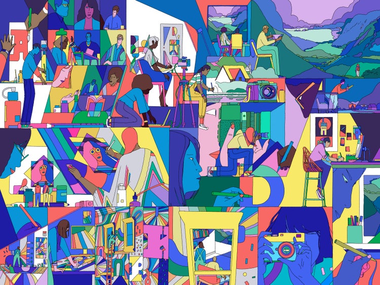 A colorful abstract illustration, against a background bustling with vibrant geometric patterns, showing people engaged in various activities such as reading, painting, playing music, working on computers, and socializing in outdoor and indoor settings.