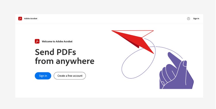 A screenshot of an Adobe Acrobat in-app banner on a white background. On the left are words: Welcome to Adobe Acrobat. Send PDFs from anywhere. Beneath that, two buttons read Sign in (blue) and Create free account (white with black outline and text). On the right is a purple hand tossing a red and white paper airplane. A purple looping line connects to the hand and the plane.