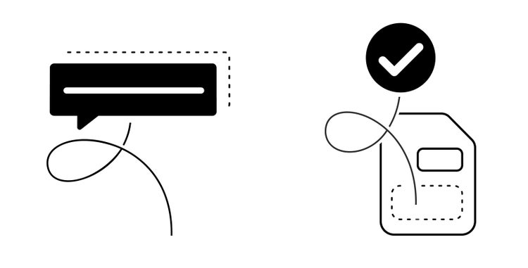 Two linear illustrations on a white background. On the left, are a grey screen-shaped outline and a red document-shaped outline interconnected by the bordered lines of the shapes. On the right is a fat red pencil connected by a red looping line to the extended index finger of a folded hand drawn in black outline.