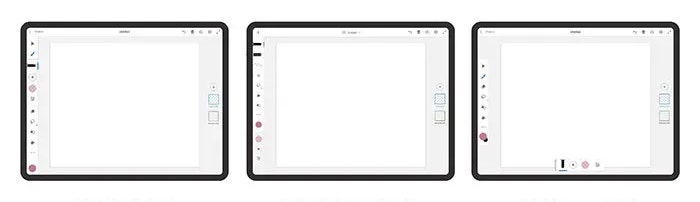 Three iPad mockups each with Fresco's Tool Options panel in a different location. From left: at the bottom of the toolbar, directly beneath the tool, and detached.