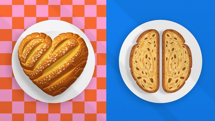 A digital illustration divided in two: On the left is a white plate with a heart-shaped loaf of bread on an orange and pink checkered background. On the right is a white plate with two slices of bread (each a half circle) side-by-side against a sky blue background.