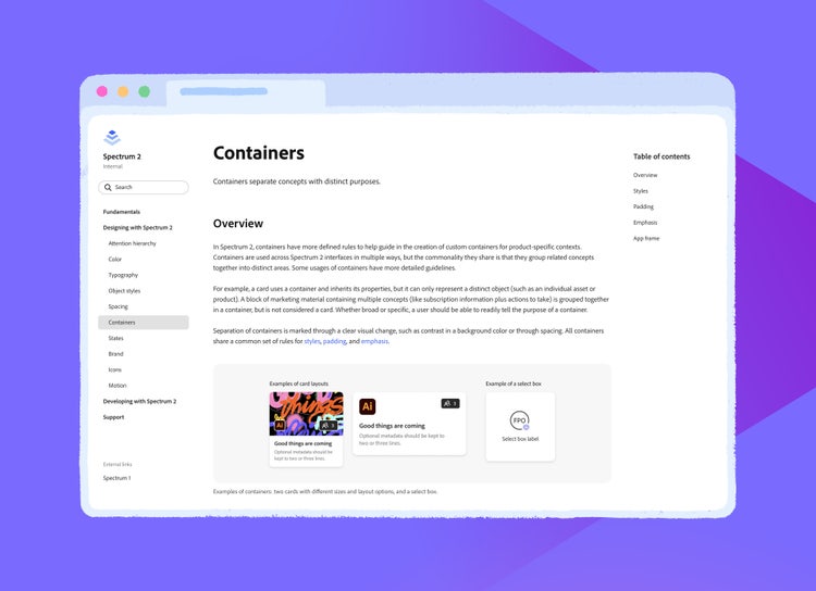 A hand-drawn illustration of a web browser window against a purple background. Inside the drawing of the browser window is a screenshot of a page from the Spectrum 2 website with an overview of content containers. Alongside the body copy of the containers overview is a Table of contents that includes links to Styles, Padding, Emphasis, and App frame.