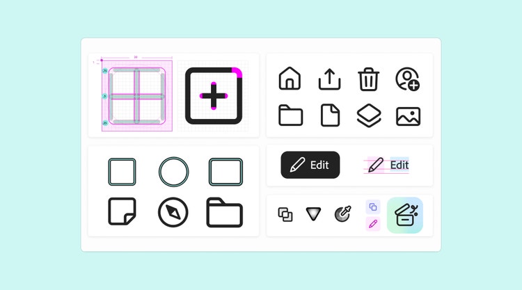 Two rows of two white rectangles on a light turquoise background. Each rectangle contains familiar iconography details. Clockwise from top left: stroke width and corner radius expressed with heavy black strokes and bright pink details, an icon set that would show up in a main navigation bar (house, share, trash can, avatar, image, stacked squares, document, and file folder), font pairings both freeform and in buttons, color and gradient explorations, and shape comparisons.