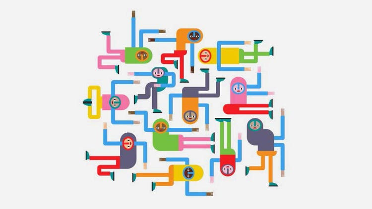 On a white background, a colorful (orange, yellow, blue, green, red, pink) comic-style illustration of long-armed, long-legged characters contorted into positions that make them look interlocked.