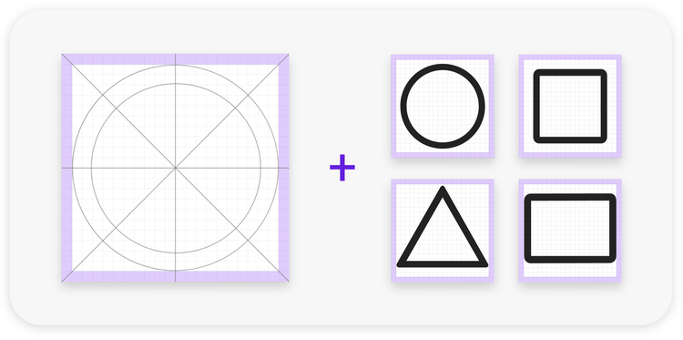 On the left is a large white square, outlined in purple, with a grid background, and thin black lines creating two concentric circles and dividing it in half horizontally, vertically, and diagonally. On the right are four smaller white squares (two across and two high) with grid backgrounds each with a shape inside (clockwise from top left circle, square, rectangle, triangle). Between the large square and the four smaller ones is a plus sign.