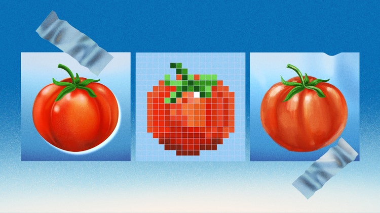 Three squares (each with a tomato inside it) against a blue-to-white gradient background. The squares on the left and right are held in place by pieces of tape. The tomato on the left has a white light emanating from behind it, the one in the center is comprised of pixels, and the one on the right has a light source shining onto the front of it.