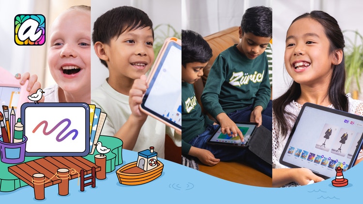 A collage of photos of children using tablets with Project Aqua installed to create and view digital artwork. The screens show colorful creative interfaces, including drawing tools and design previews. In the foreground is an illustration of island of art supplies alongside a dock, a boat, and a buoy floating in the water.