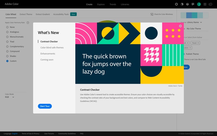 A screenshot of the Adobe Color home page showing a What's New screen with a list that includes Contrast Checker, Color blind safe themes, Enhancements, Coming soon. Contrast Checker is highlighted, and the body copy reads: Use Adobe Color's newest tool to create accessible themes. Ensure your color choices are visually accessible by checking the contrast ratio of your background and text colors, and compare to Web Content Accessibility Guidelines (WCAG).
