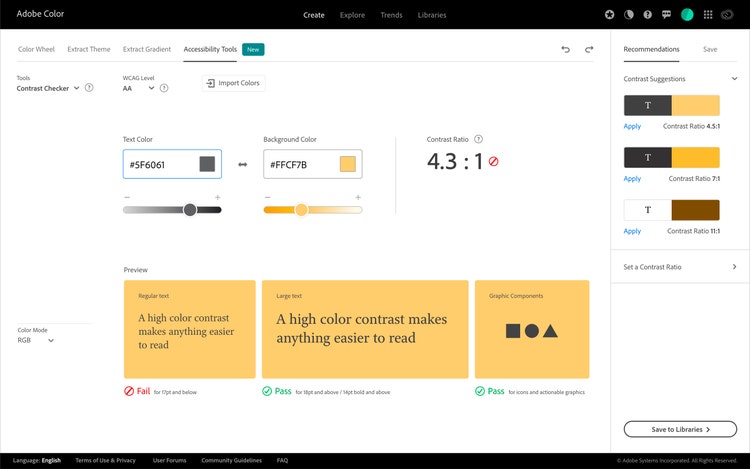 A screenshot of the Contrast Checker tool on Adobe Color. At the top of the page are fields and sliders for Text Color and Background color and beneath that are three Preview panes showing yellow backgrounds with brown (left) and black (two right) text. The pane on the left has a Fail slash on it and the other two have Pass checkmarks. On the right side of the screen are Recommendations for color pairings and a Save button.