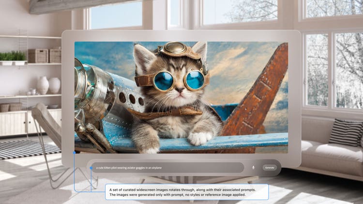 An image of a computer screen superimposed over the center of a well-lit, light-colored living room with multiple windows, bookshelves and comfortable seating. On the computer screen is a AI-generated photograph of a kitten, wearing dark goggles, a scarf, and a helmet, with its front paws perched on the wings of a flying plane. Beneath it, is a prompt bar with the prompt, "A cute kitten pilot wearing aviator goggles in an airplane." Superimposed on the image is an explanation of a digital experience in Apple's Vision Pro: "A set of curated widescreen images rotates through, along with their associated prompts. The images were generated only with prompts; no styles or reference image were applied."