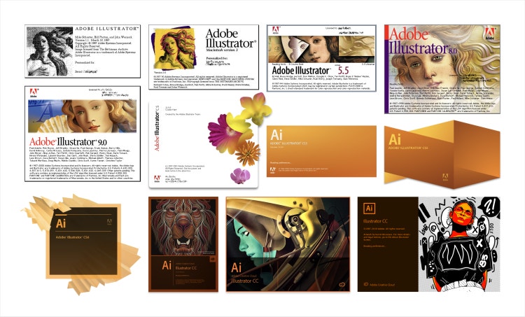 A collection, four columns wide and three columns high, of in-product splash screens for Adobe Illustrator on a white background.