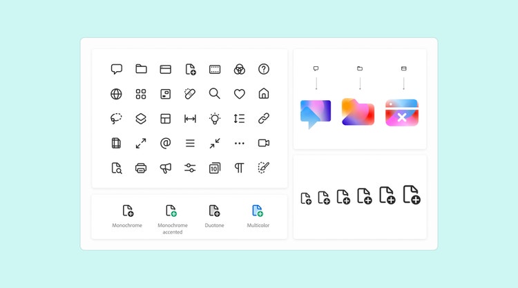 Two rows of two white rectangles on a light turquoise background. Each rectangle contains various types of icons. Clockwise from top left: five rows of seven icons in black outline, three icons (conversation bubble, file folder, and remove graphic) in both black outline and multicolor gradient versions, the same document icon in black outline in multiple sizes, examples of monochrome, monochrome accented with a status badge, duotone, and multicolor icons.