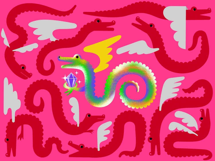 An illustration of red dragons with white wings in various positions on a hot-pink background. At the center is a rainbow-colored dragon with gold wings, holding a sparkling purple crystal.