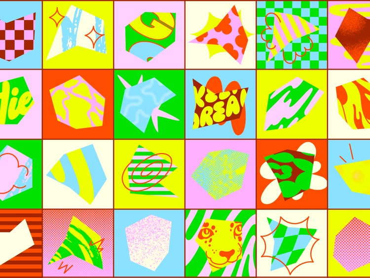 A six by four grid divided by deep purple lines. Inside each square is an irregular hexagonal shape on a background of vibrant color (either blue, yellow, orange, or pink). The inside of each hexagon is randomly patterned with stripes, flowers, checkerboards, dots, oversized type, or wavy lines.
