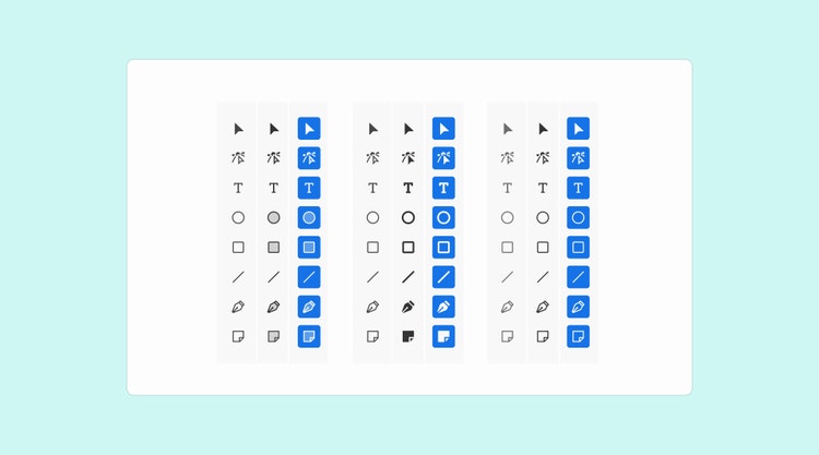 Nine versions of the same vertical eight-icon toolbar, each with slight variations in line weight, fill, and color, inside a white rectangle on a light turquoise background. The third, sixth, and ninth version are white icons on a dark blue background. The others are black on light grey background. The toolbar includes (from top) a filled cursor arrow, a cursor arrow pointing to an anchor point on a path, a capital T, a circle, a square, a diagonal line, a pen tool, and a document.