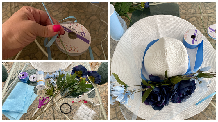 Three photographs of hat embellishment in progress. Top left: A hand, with pink nail polish, wrapping ribbon around a piece of wire. Bottom left: An assortment of crafting supplies including fabric, spools of ribbon and thread, crafting wire, silk flowers, scissors, and a glue gun. Right: A white straw hat with light and dark blue silk flowers, and spools of light blue ribbon and taffeta laying across it.