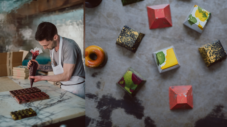 Two photographs: On the left, a man wearing an apron, standing at a marble-topped counter filling truffle molds using a pastry bag and, on the right, eight assorted truffles on a marble counter.