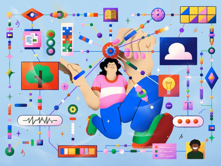 A very colorful digital illustration (with shades of red, blue, yellow, green, purple, and orange) on a light blue background. At the center is a white person with shoulder-length black hair, wearing green shoes, blue pants, and a pink-and-white striped shirt. Their left hand (with pink nail polish) holding a red circle with a blue cog at the center holding a pencil at the center and their right hand touching an orange square with a stylized tree in it. The person is surrounded by more than two dozen symbols, emojis, shapes, and icons.