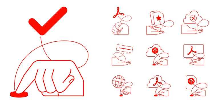 Multiple linear illustrations on a white background. On the left, a red checkmark is connected by a looping line to a hand outlined in red with the extended index finger pushing a red button. On the right are three rows of three hand, looping line, and icon combinations in a similar style.