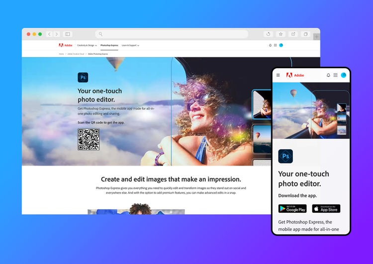 Screenshots of desktop and mobile browser windows (showing the Adobe Photoshop splash page on Adobe com) on a blue-to-purple gradient background. The focus of the page is a browser-wide image, the Photoshop icon, and the headline "Your one-touch photo editor."
