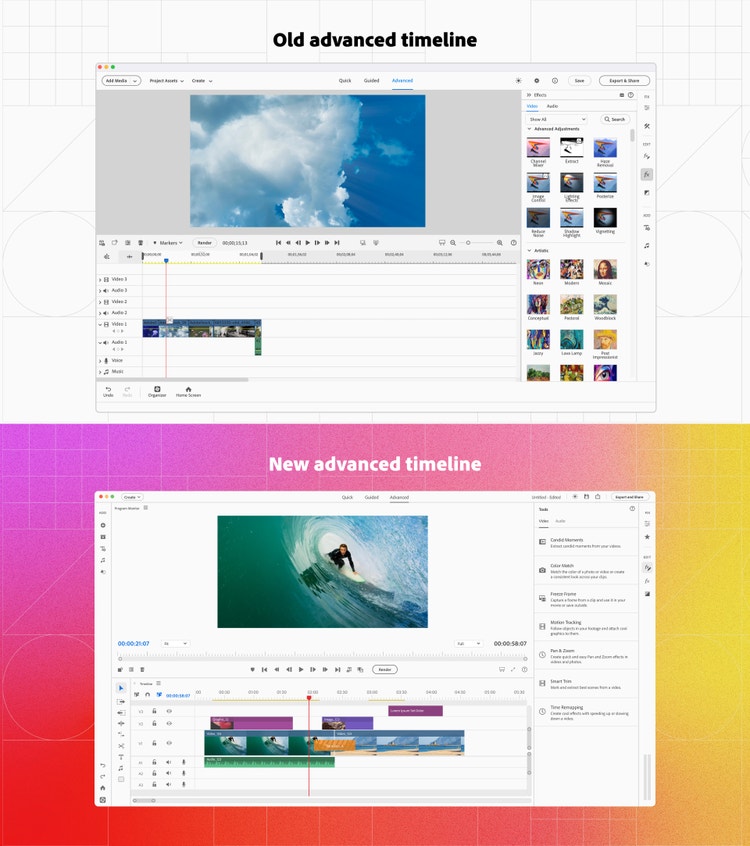 Two images comparing an Old advanced timeline and a New advanced timeline in video editing software. The Old advanced timeline (top), on a white background with a faint geometric grid, has a blue sky and clouds on the canvas and a cluttered UI and adjustments panel. The New advanced timeline (bottom), on a purple-to-pink-to-yellow gradient background with a faint geometric grid, has a surfer inside a big wave on the canvas and streamlined UI with a focus on the timeline.