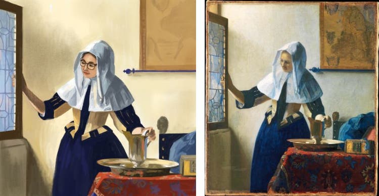 Two images side by side: On the left a digital painting of an Asian woman with glasses wearing a head covering standing in a bedroom, using one hand to open a window and the other to lift a pitcher from a water basin; on the right, the painting from which it was copied.
