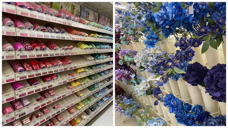 Two side-by-side photographs of aisles from a craft store. On the left an aisle of ribbons and on the right an aisle of silk flowers.
