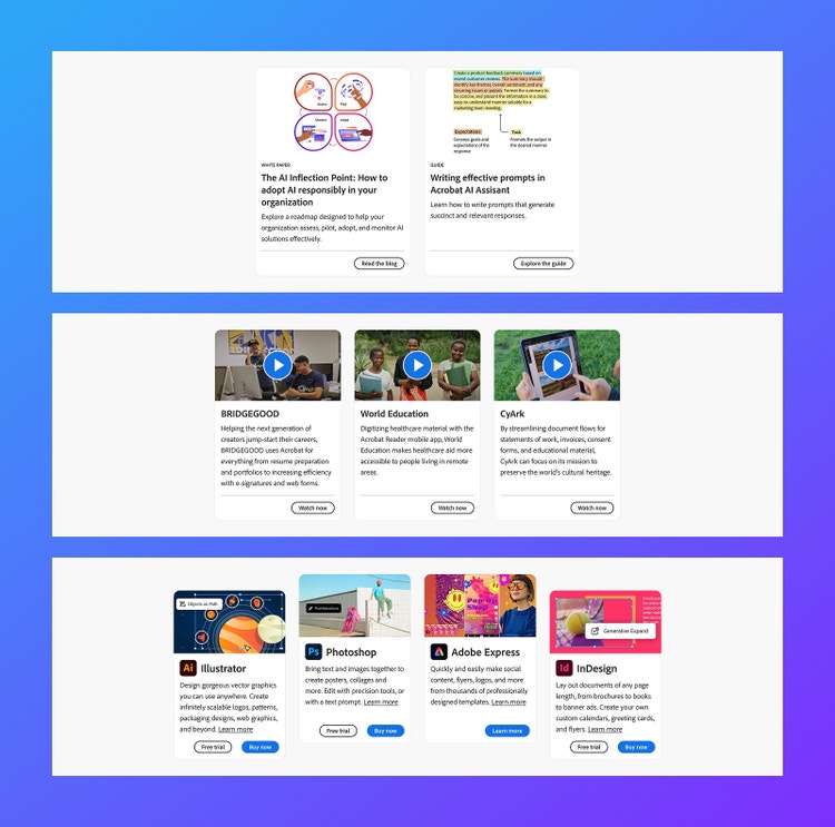 Three rows of editorial card mockups on a blue-to-purple gradient background showing the different content needs supported by the format. Top row: Titles, brief descriptions, and header images with links to blog posts and white papers. Middle row: Header images with embedded play buttons, with a company name and brief description and links to watch. Bottom row: Vibrant graphics with Adobe product names, icons, and description with links out to learn more, buy, or try.
