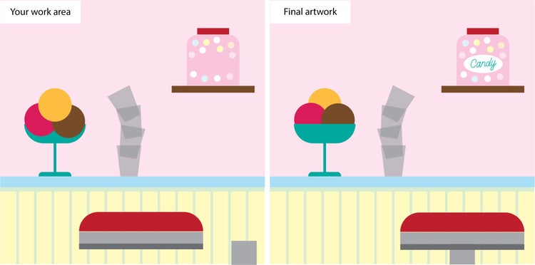 Two very similar artboards against a pink background. The left half contains the words "Your work area" and a stylized ice cream sundae bowl with three scoops of ice cream outside, four stacked glasses tilting to the left, a shelf with a large jar on it, and a bar stool seat with the bar stool post to the right of it. The right half contains the words "Final artwork" and a stylized ice cream sundae bowl with three scoops of ice cream in it, four stacked glasses tilting to the right, a shelf with a large jar on it identified as candy, and a bar stool seat.