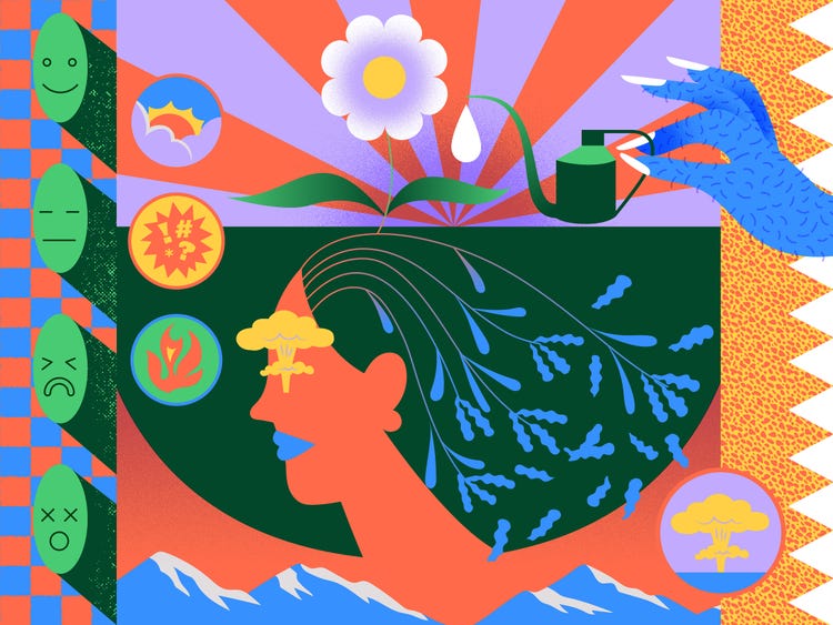 A colorful three column illustration. In the left blue-and-red-checkered panel are four stacked green, oval emojis: smiling, neutral, disappointed, and amazed. In the center is a stylized woman's head in profile with a mushroom cloud for an eye and hair comprised of leafy vines from which a flower, being watered by a watering can, extends against a background of orange and purple rays. In front of her are three stacked circles, one with a sun rising from a cloud, another with punctuation marks, and a third with fire. In the right panel, on a background of yellow with red polka dots, a blue hand with white fingernails extends to hold the watering can above the woman's head.