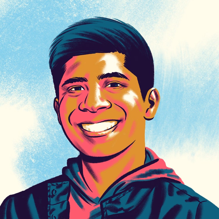 A cartoon-style illustration of a brown-skinned, dark-haired man smiling broadly, and wearing a red hoodie under a blue shirt with an open collar.