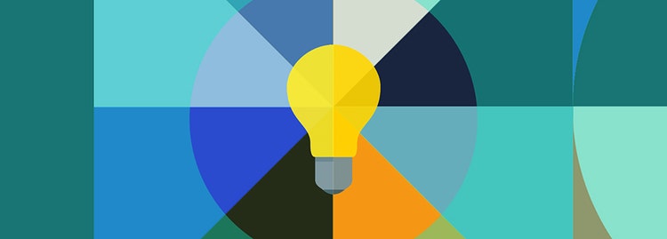 A bright yellow light bulb icon with a silver base is centered on a background of intersecting geometric shapes in shades of teal, blue, green, and orange.