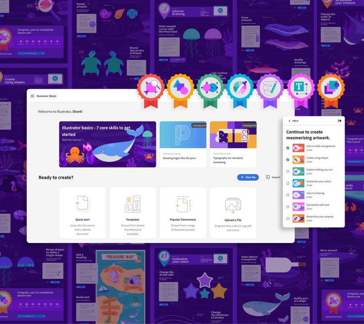 On a purple background is a grid comprised of learning modules with titles like "Round the corners of shapes," "Make smooth curves with the Pencil tool," "Erase artwork," "Change the order of objects," "Modify drawings," "Merge shapes ot make a single shape," "Add a heading," and "Change the stroke color." Superimposed on it is a screenshot of a web page that reads "Welcome to Illustrator Shanti." Alongside it is a set of six digital medals bearing the icons of Illustrator tools. Beneath them is a group of tutorials under the heading "Illustrator basics: 7 core skills to get started." In that group are "Intro to skills and gestures," "Create using shapes," "Explore editing your art," "Customize your colors," "Intro to drawing," "Get started with text," and "Streamline your artwork."