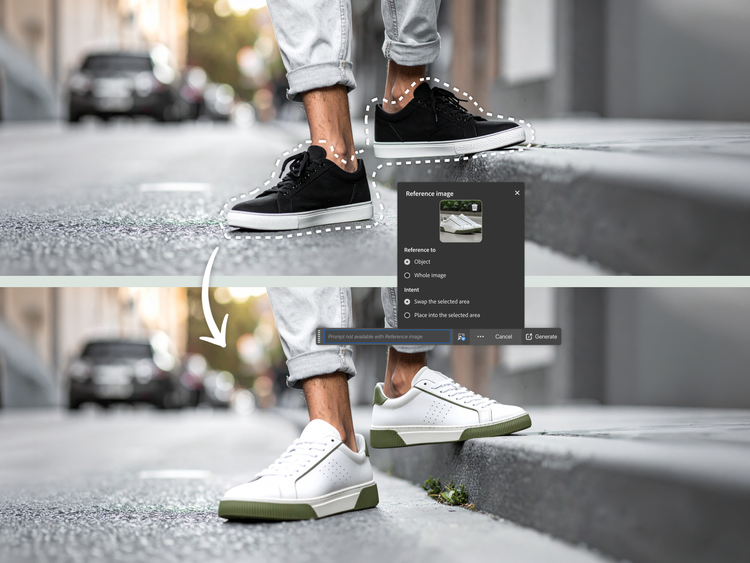 Two stacked images showing the before and after of a photo editing process. The top image shows the ankles of a person standing on a curb wearing black sneakers with white soles. Dotted outlines around the sneakers indicate a selection. The bottom image shows the same ankles now wearing white sneakers with green soles. A small editing dialog box appears between the images.