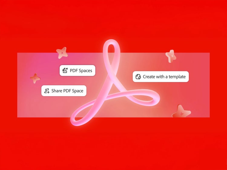 The Adobe Acrobat trefoil in pink on an Acrobat red red background with star-shaped icons. Surrounding it are three labeled icons: PDF Spaces with a document icon, Share PDF Space, and Create with a template.